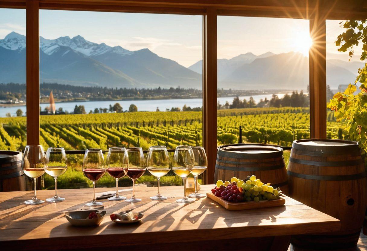 A cozy, sunlit wine workshop in Vancouver, featuring a diverse group of people engaged in wine tasting, surrounded by lush vineyards and elegant wooden barrels. Showcase a variety of wine glasses filled with different wines, paired with gourmet cheese and fruits on a rustic wooden table. Include a backdrop of the majestic mountains and Vancouver skyline, capturing the essence of the city. Warm, inviting atmosphere with soft, golden lighting. super-realistic. vibrant colors.