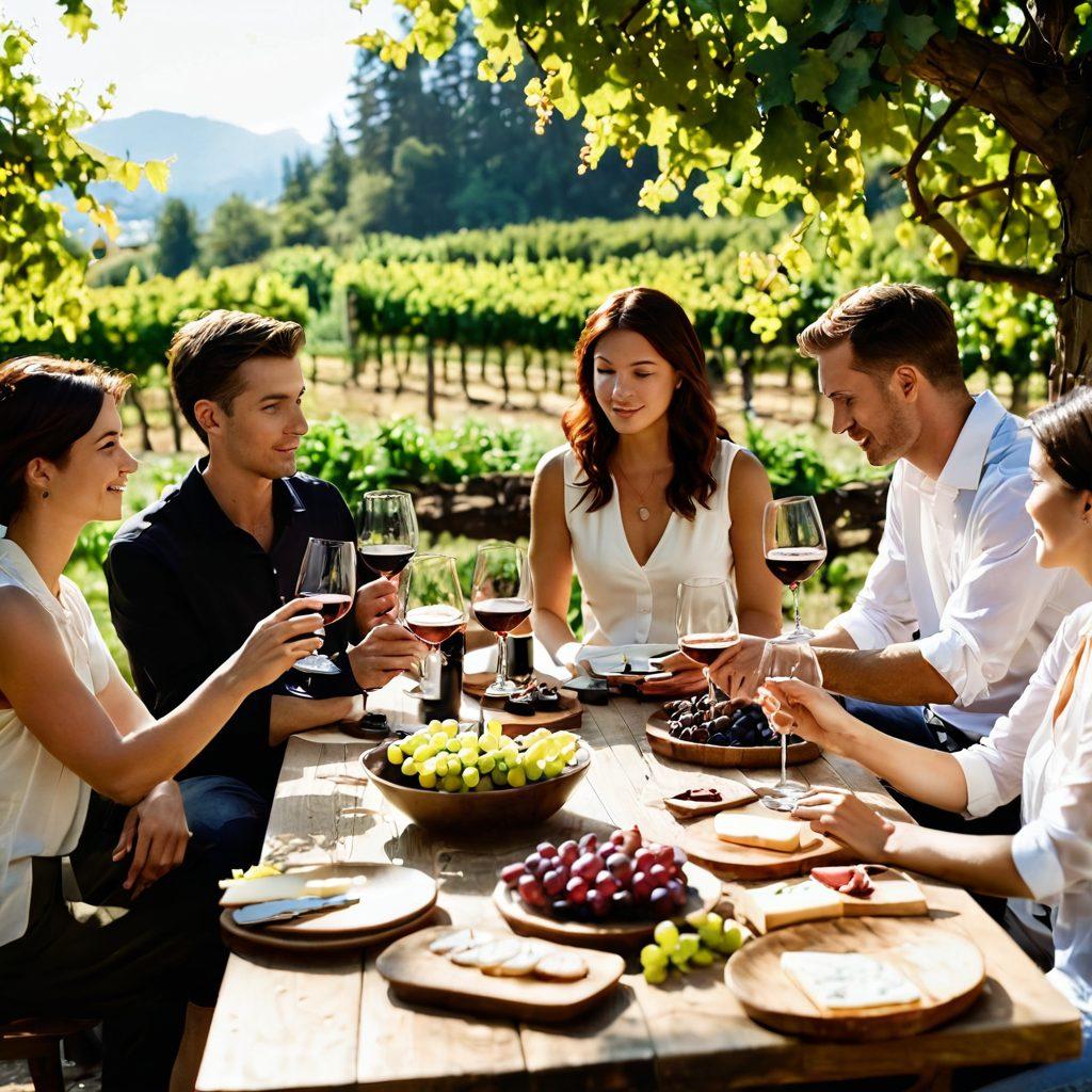 An elegant scene of a wine tasting in a sunlit Vancouver vineyard, featuring a diverse group of people engaged in sipping and savoring various wines. Include grapevines in the background, a wooden table adorned with wine glasses, cheese platters, and art supplies for creative expression. The atmosphere should be inviting and educational, emphasizing the artistry and culture of wine. soft-focus photography. warm colors. natural light.