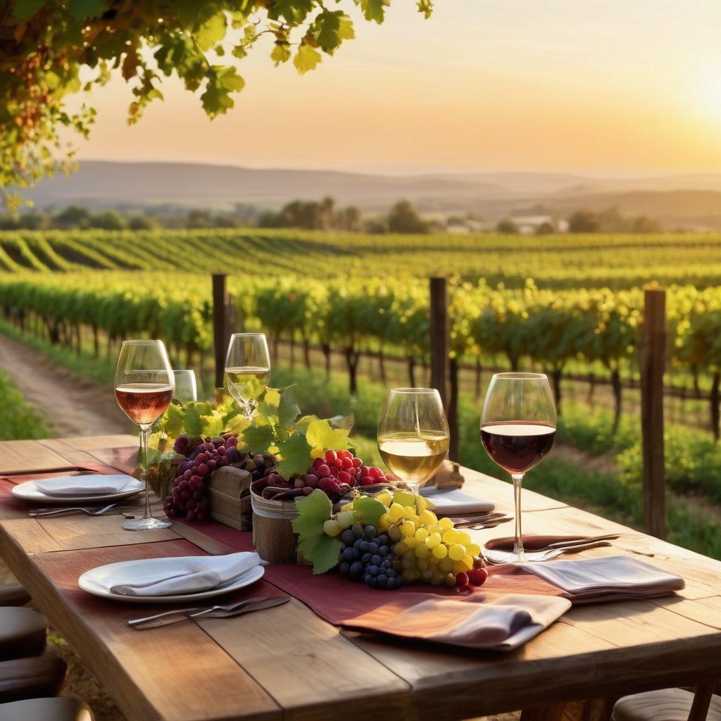 A serene vineyard landscape bathed in the golden glow of sunset, with rows of lush grapevines leading to a rustic wooden table set with elegant wine glasses filled with deep red and white wines. In the background, a sommelier is gracefully pouring wine, capturing the essence of wine-tasting. A colorful palette of greens, purples, and warm earth tones enhances the ambiance. super-realistic. vibrant colors. 3D.